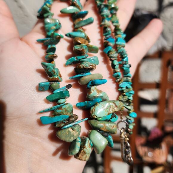 Vtg Royston Turquoise Necklace Blue Green Brown Graduated Nugget Chip Beaded - Picture 8 of 12